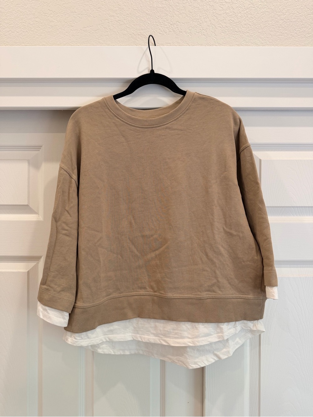 Zara Beige Crewneck Sweater with White Layered Hem